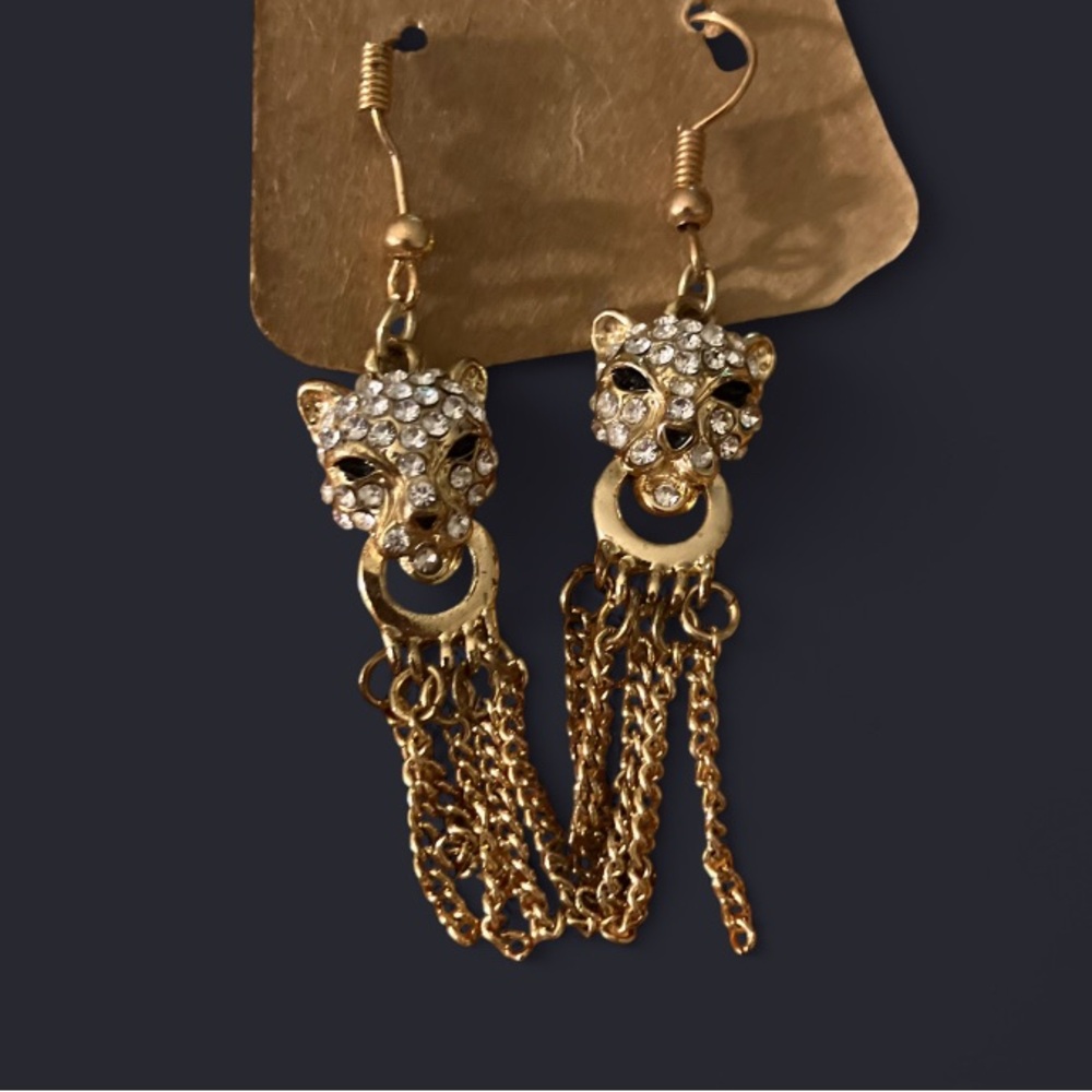 Gold Leopard Earrings with Crystal Accents